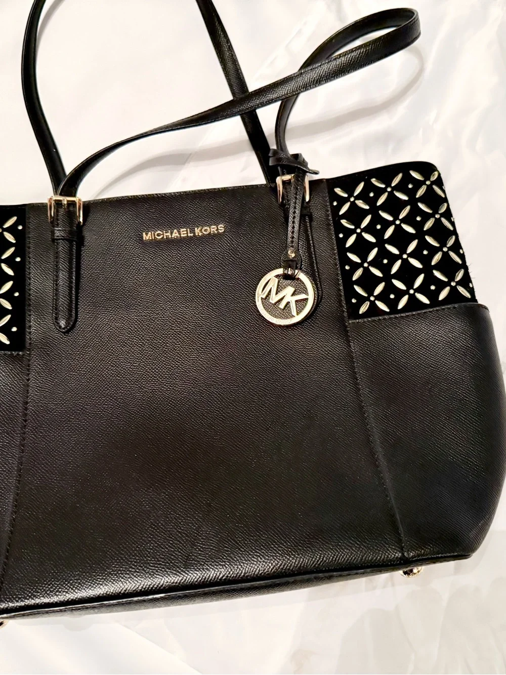 Michael Kors Black Saffiano Leather Shoulder Tote with Cutout Detail